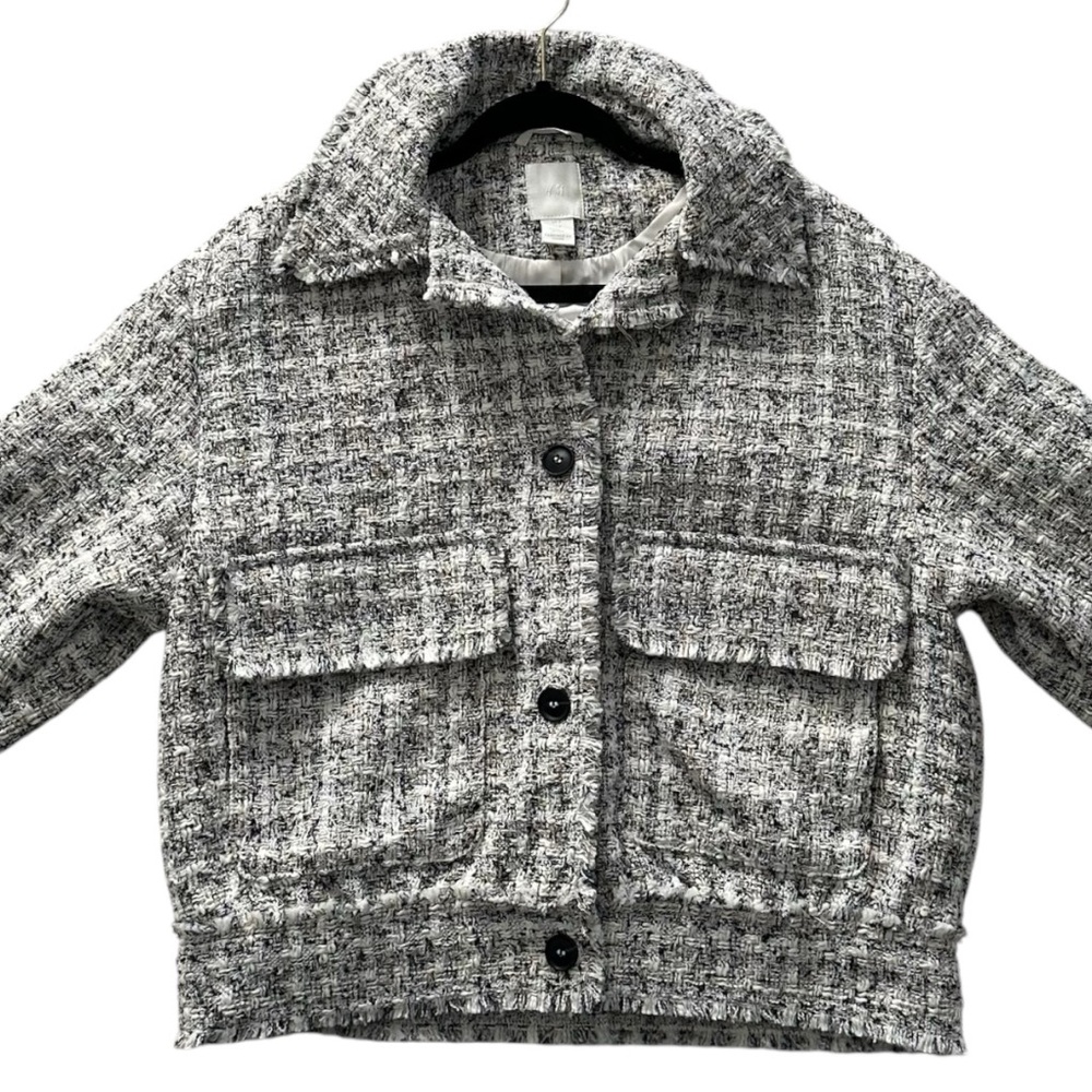 H&M- Button Closure Tweed Jacket - Grey/Black/White/Tan - Size S